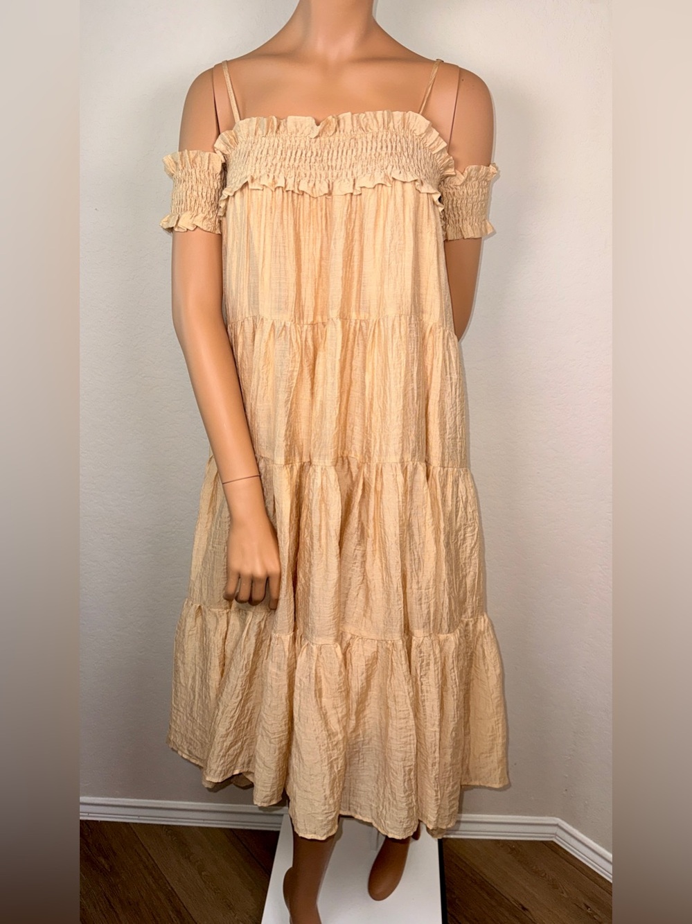 Mable Beige Smocked Tiered Midi Dress Cold Shoulder Boho Cottagecore M